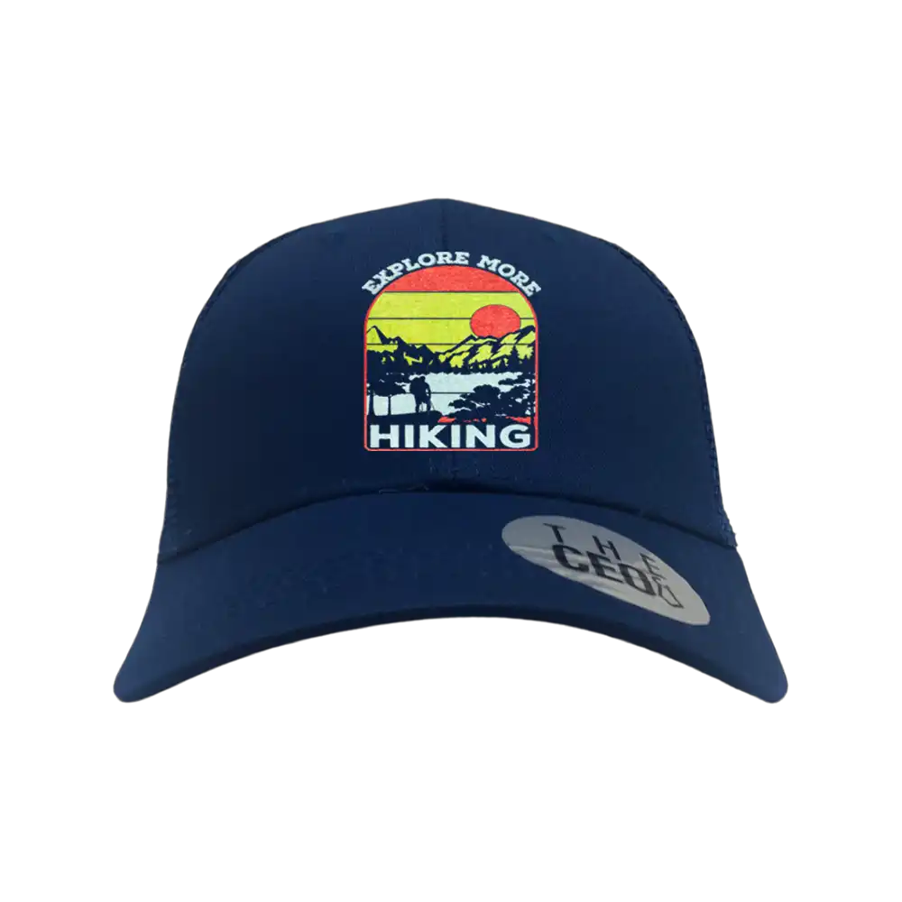 Blue hiking cap with sunset design.