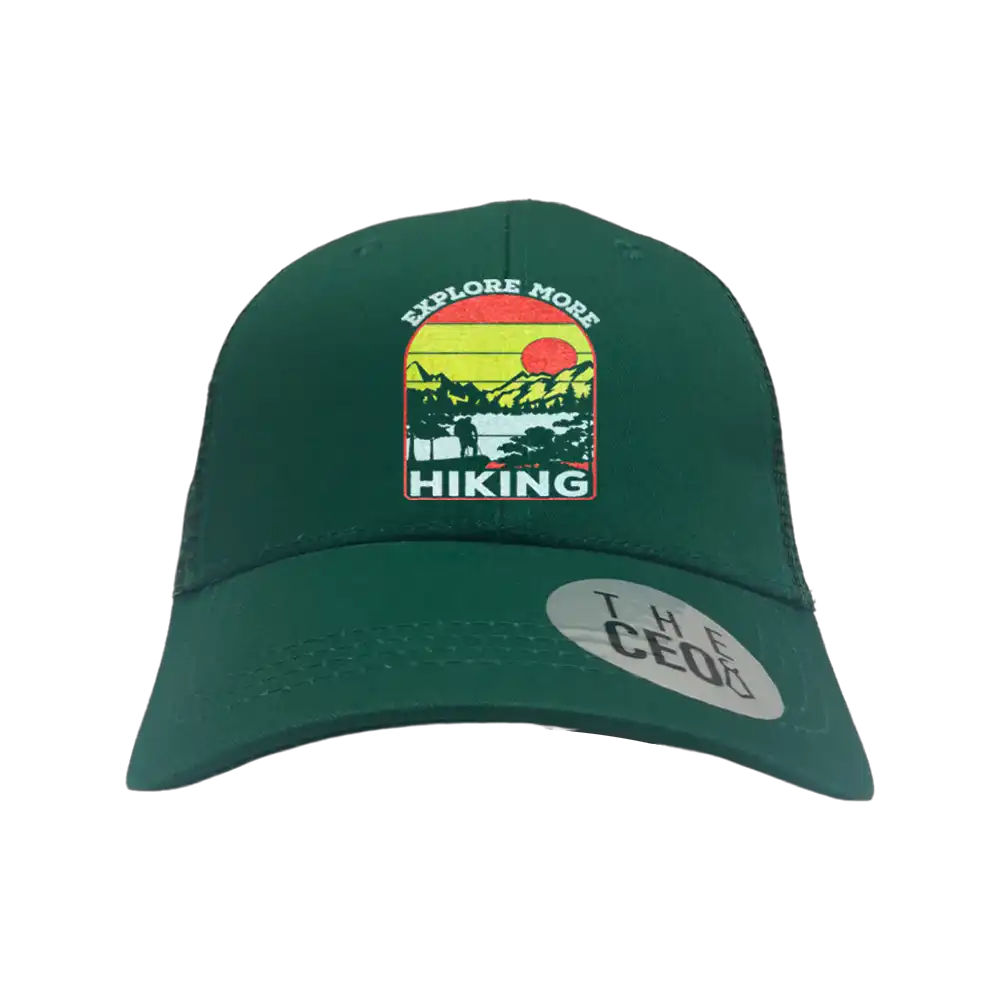 Green hiking cap with patch.