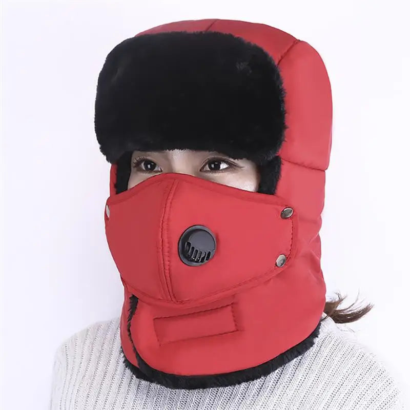 Fashion Trooper Hat in red with ear flaps and detachable mouth cover, perfect for winter outdoor activities.