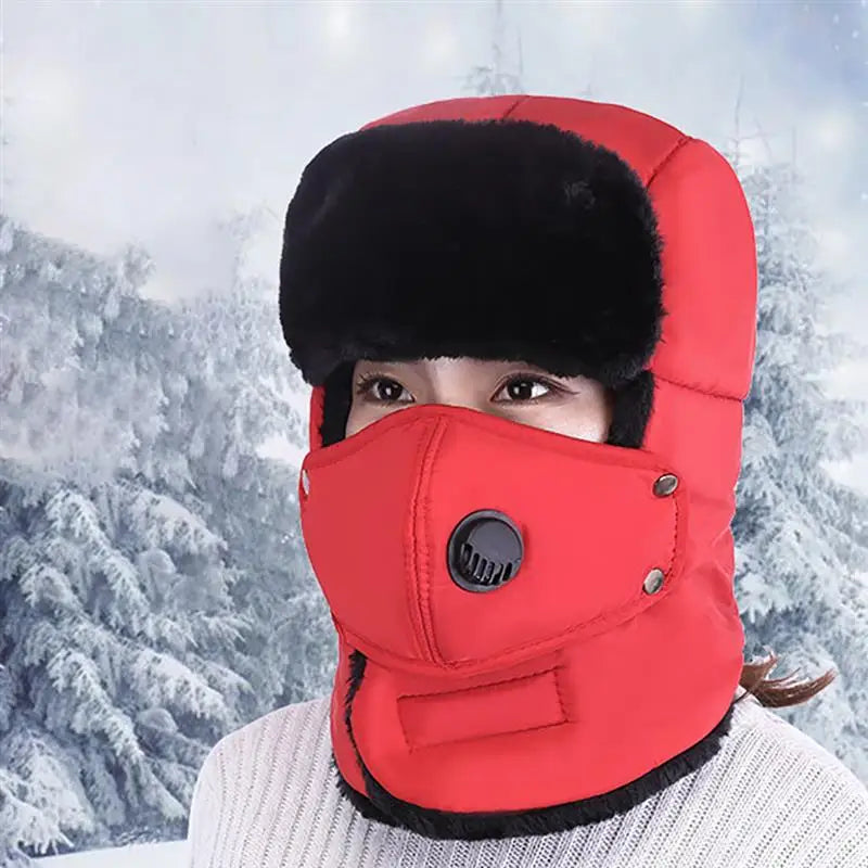 Fashion Trooper Hat in red with ear flaps and detachable mouth cover, perfect for winter outdoor activities.