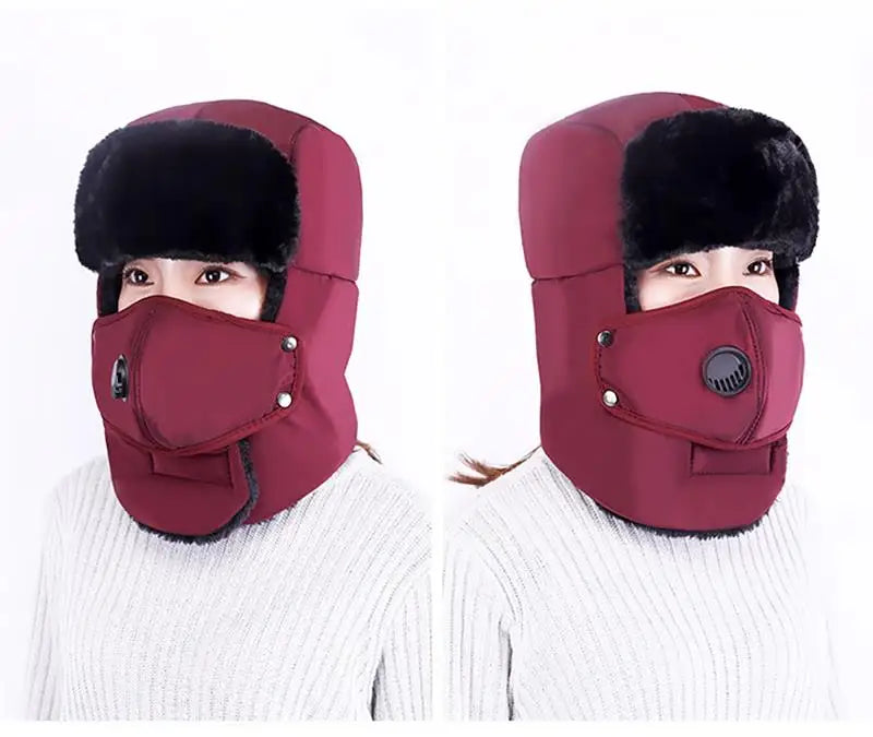 Fashion Trooper Hat in red with ear flaps and detachable mouth cover, perfect for winter outdoor activities.