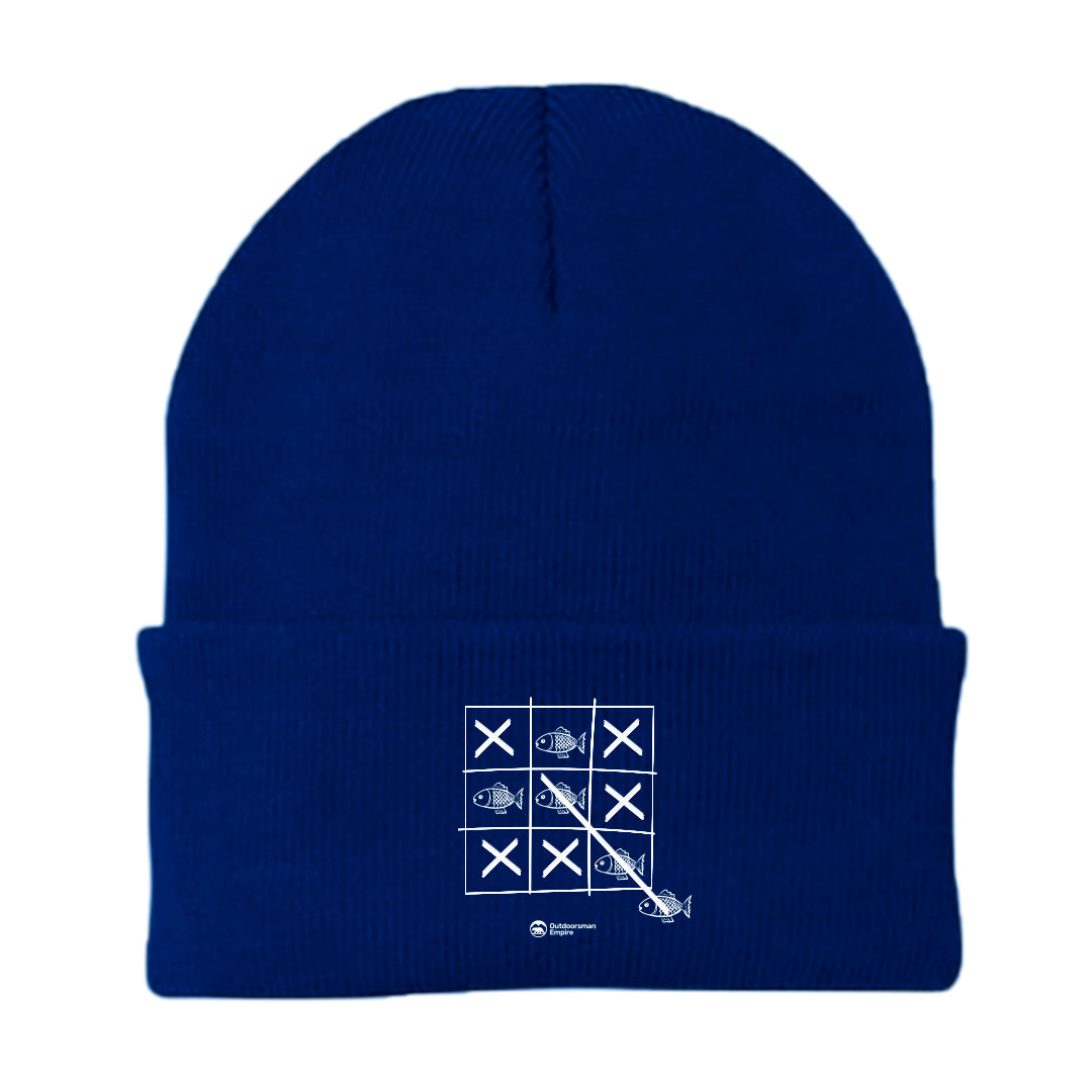 Fish Tick Tack Toe Embroidered Beanie featuring a unique design, made from a soft cotton and acrylic blend, perfect for winter wear.