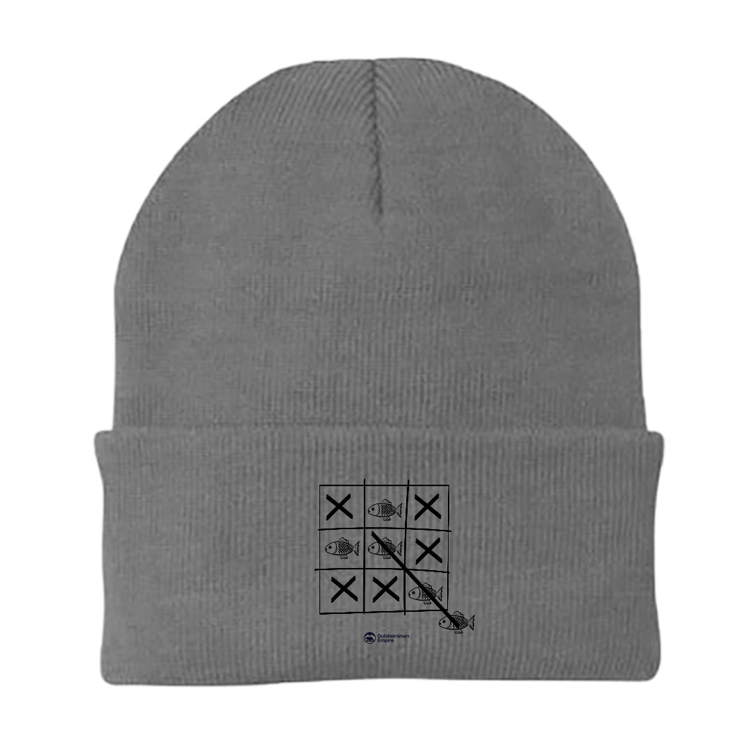 Fish Tick Tack Toe Embroidered Beanie featuring a unique design, made from a soft cotton and acrylic blend, perfect for winter wear.