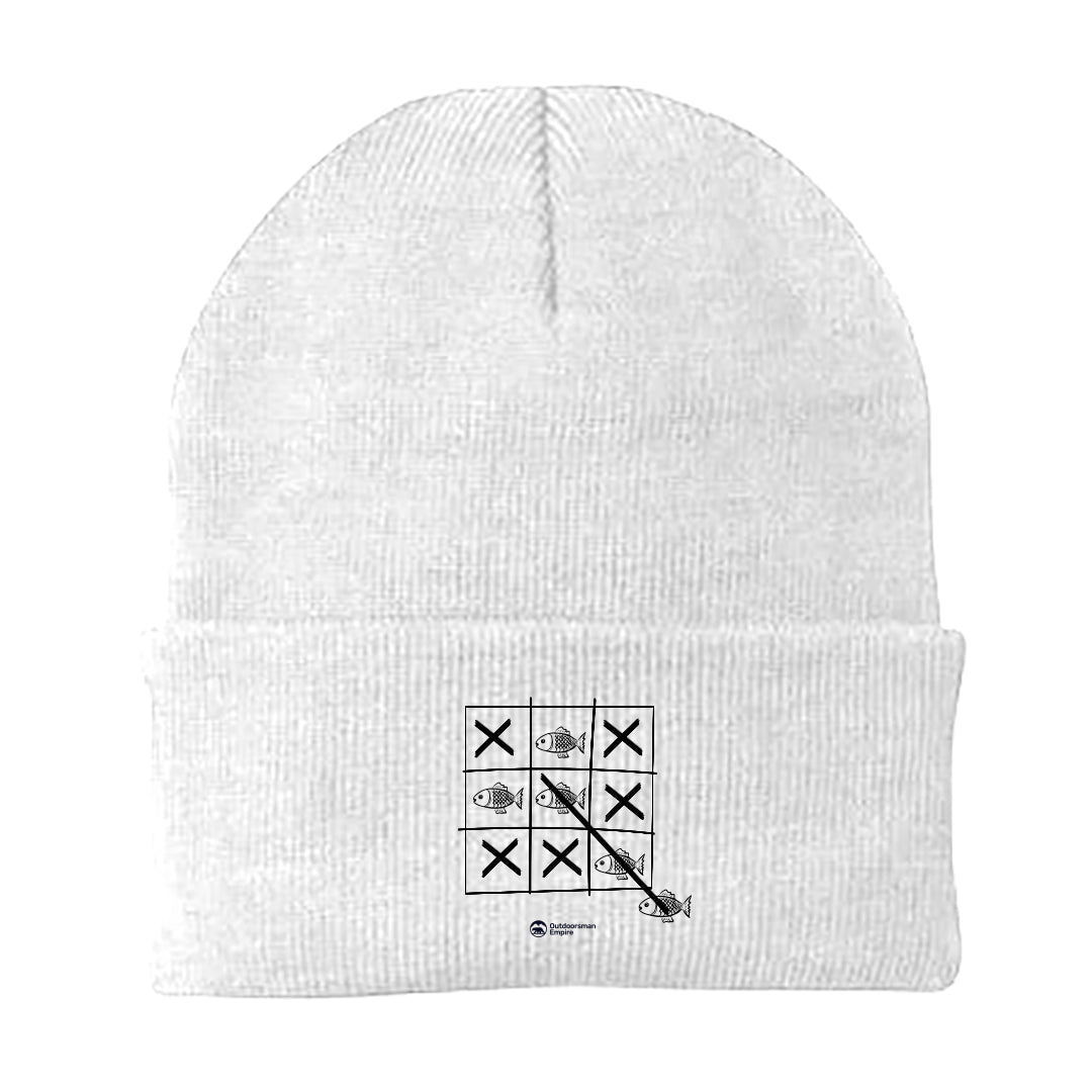 Fish Tick Tack Toe Embroidered Beanie featuring a unique design, made from a soft cotton and acrylic blend, perfect for winter wear.