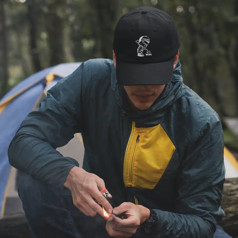 Fishing and Work Embroidered Baseball Hat featuring a stylish design, made of 100% cotton with a snapback closure.