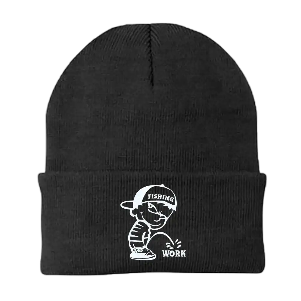 Fishing And Work Embroidered Beanie showcasing a stylish design with a comfortable fit, perfect for outdoor activities.