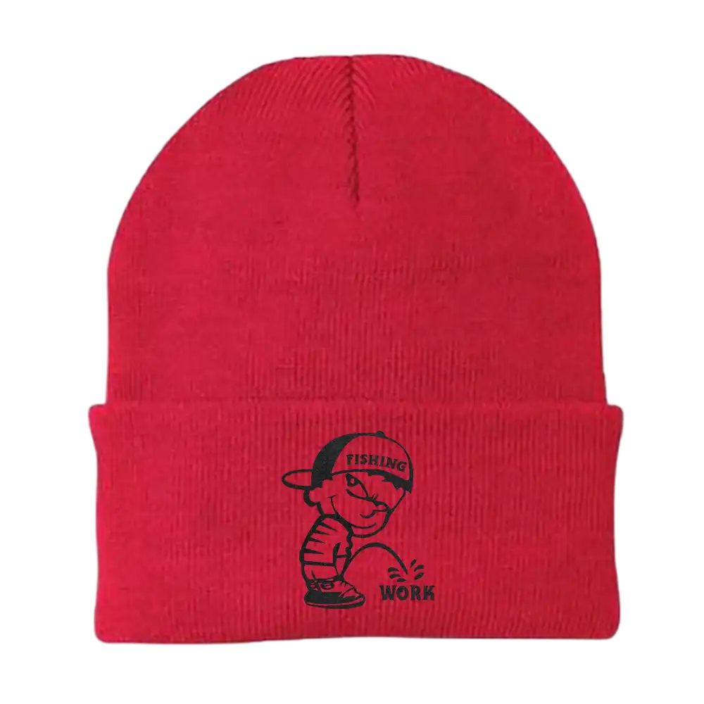 Fishing And Work Embroidered Beanie showcasing a stylish design with a comfortable fit, perfect for outdoor activities.