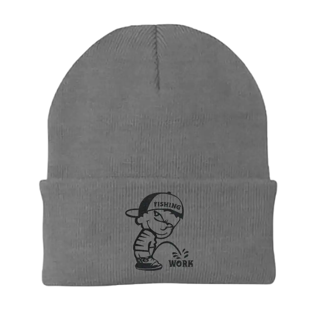 Fishing And Work Embroidered Beanie showcasing a stylish design with a comfortable fit, perfect for outdoor activities.