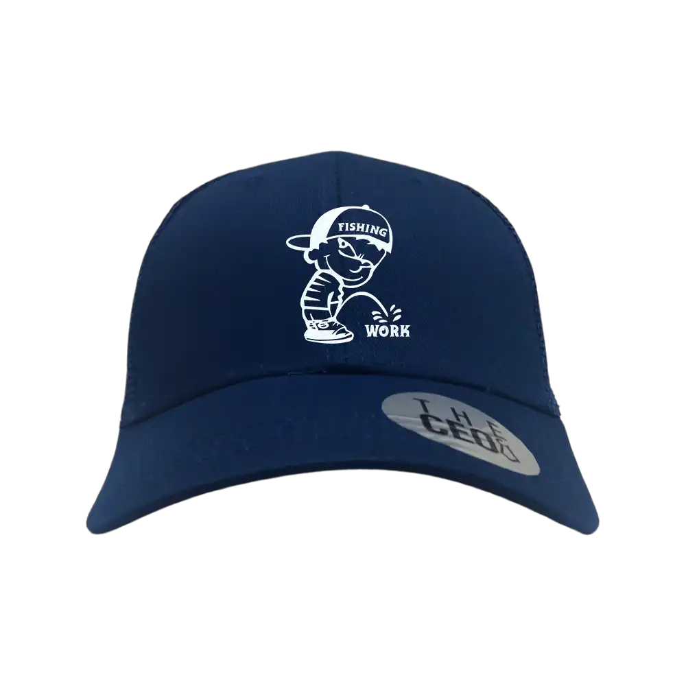 Blue hat with "Fishing Work" graphic.