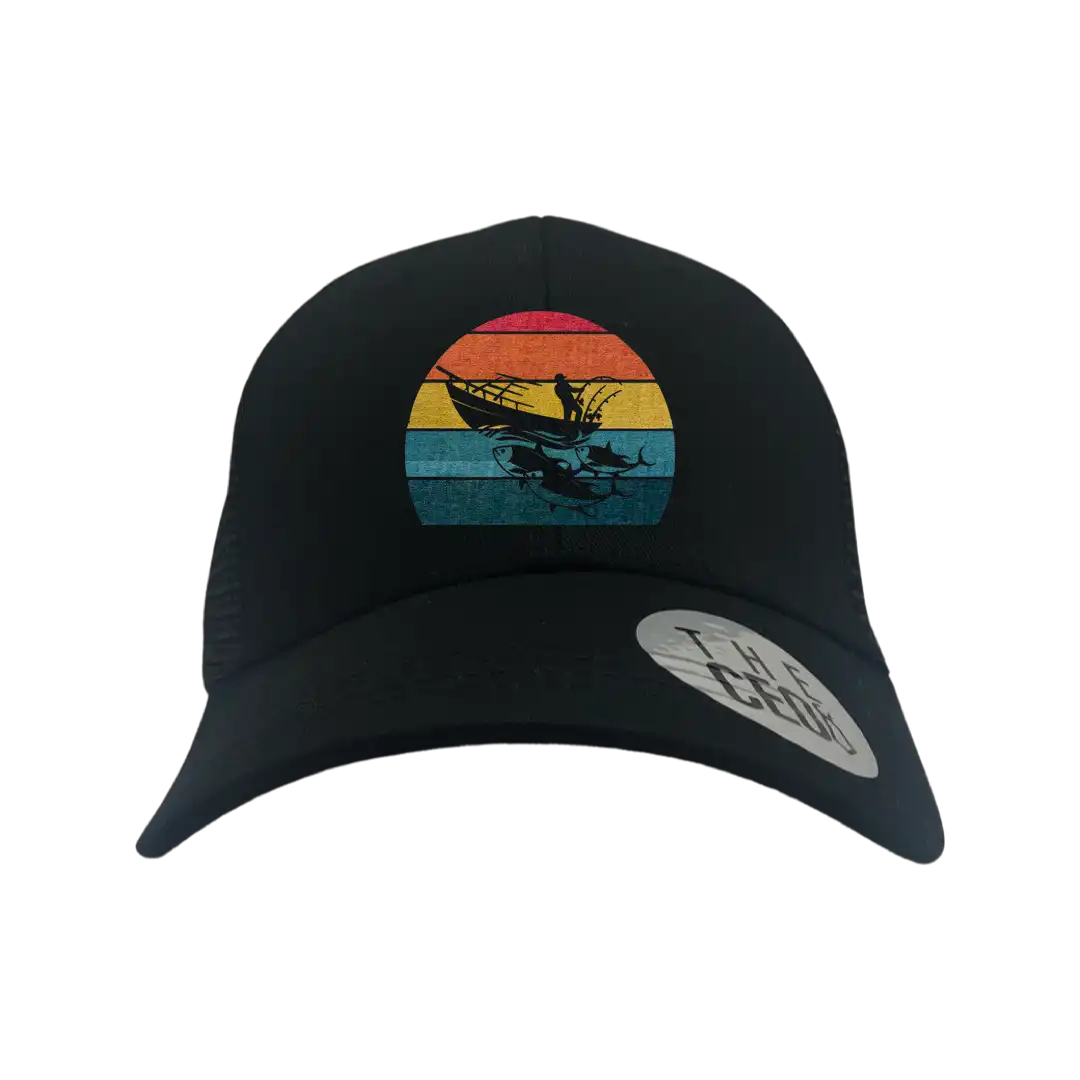 Fishing Boat Printed Trucker Hat featuring a vibrant fishing boat design, made from 100% cotton with a snapback closure.