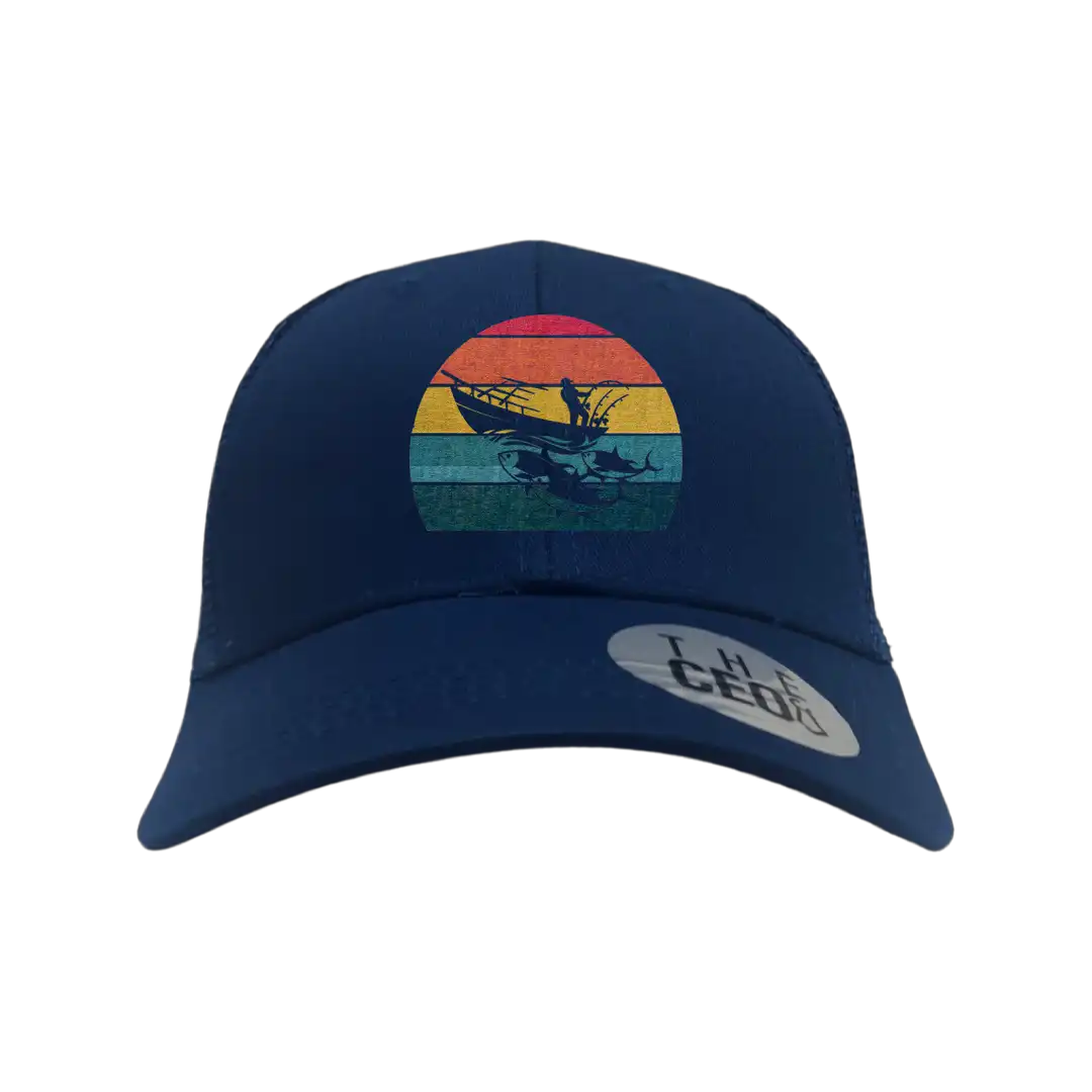 Fishing Boat Printed Trucker Hat featuring a vibrant fishing boat design, made from 100% cotton with a snapback closure.