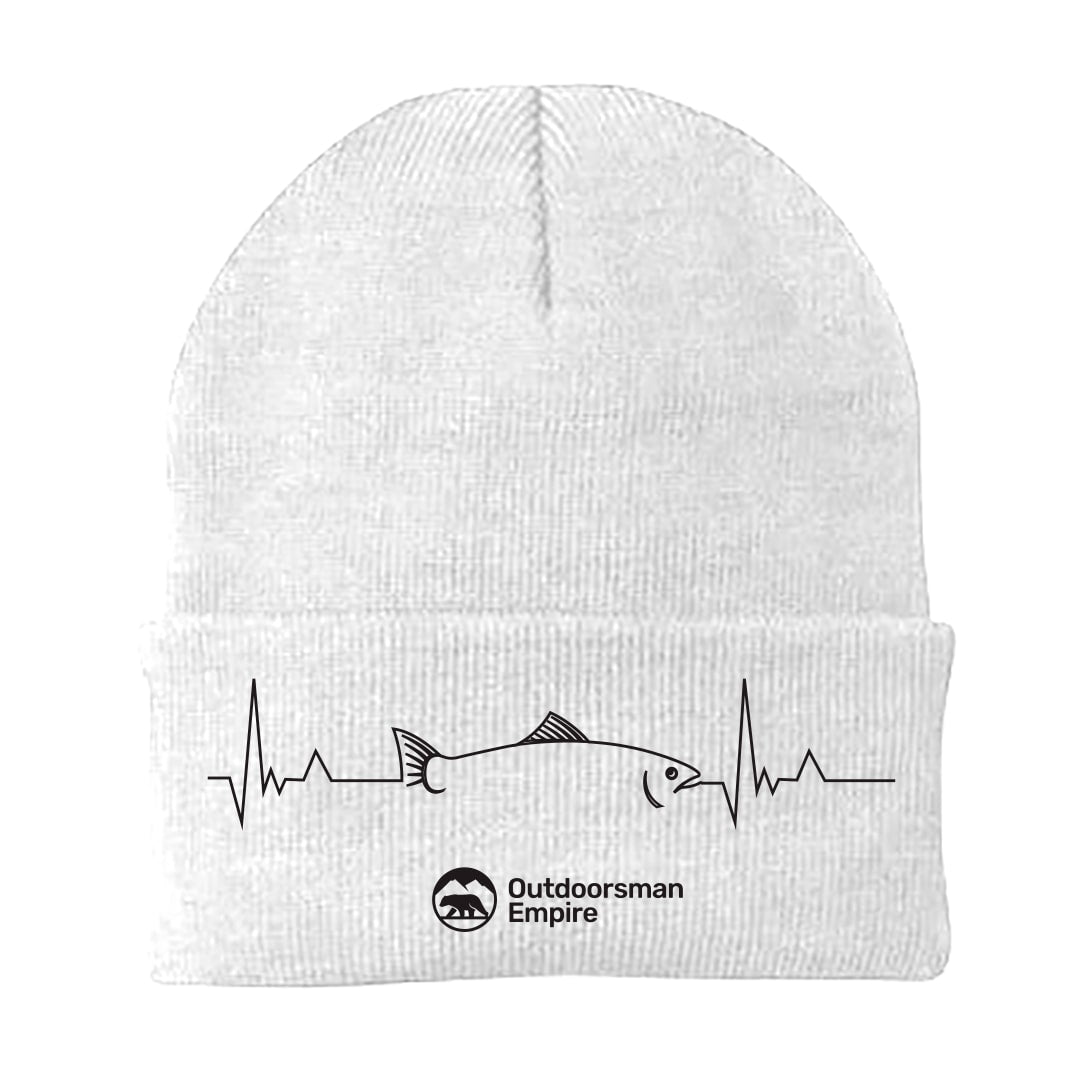 Fishing Cardiogram Embroidered Beanie showcasing unique design and comfortable fit, perfect for outdoor enthusiasts.