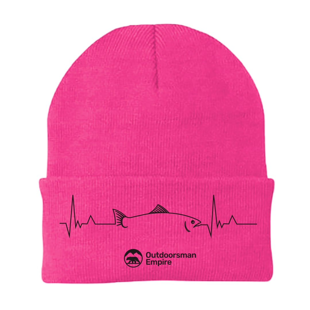 Fishing Cardiogram Embroidered Beanie showcasing unique design and comfortable fit, perfect for outdoor enthusiasts.