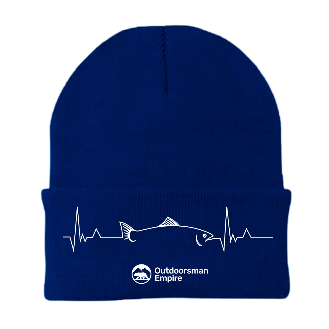 Fishing Cardiogram Embroidered Beanie showcasing unique design and comfortable fit, perfect for outdoor enthusiasts.