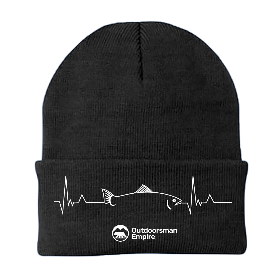 Fishing Cardiogram Embroidered Beanie showcasing unique design and comfortable fit, perfect for outdoor enthusiasts.