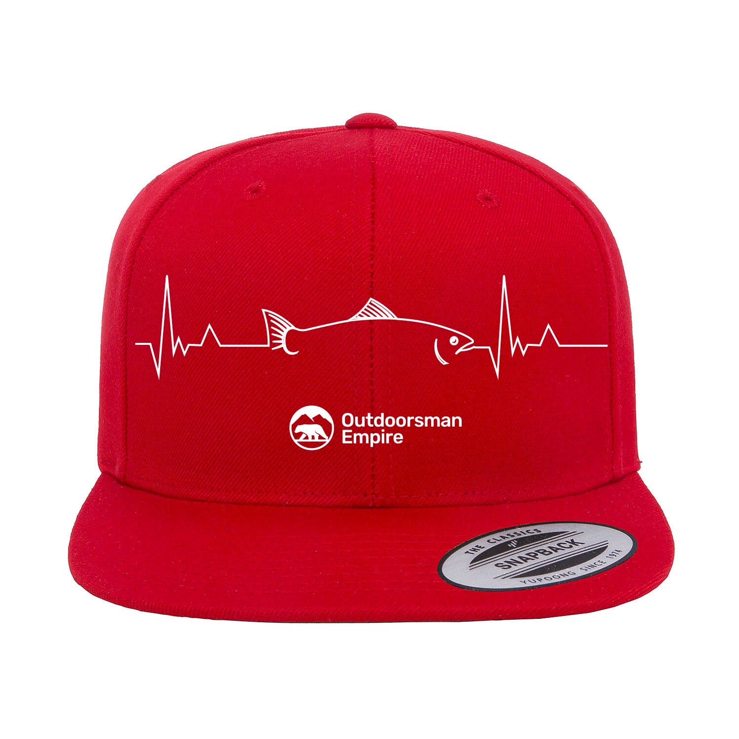 Fishing Cardiogram Embroidered Flat Bill Cap featuring a unique cardiogram design, structured five-panel style, and adjustable snapback closure.