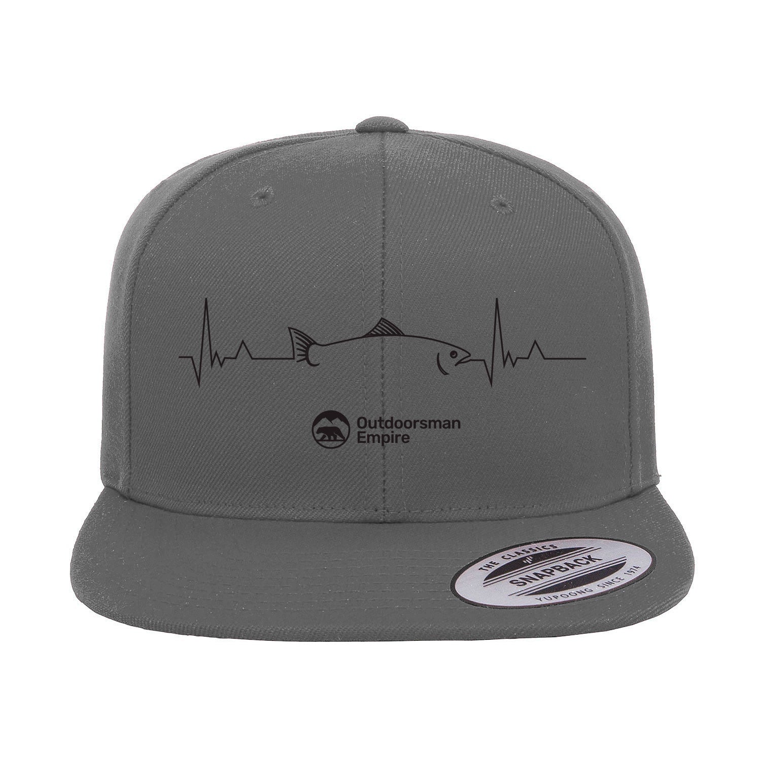 Fishing Cardiogram Embroidered Flat Bill Cap featuring a unique cardiogram design, structured five-panel style, and adjustable snapback closure.