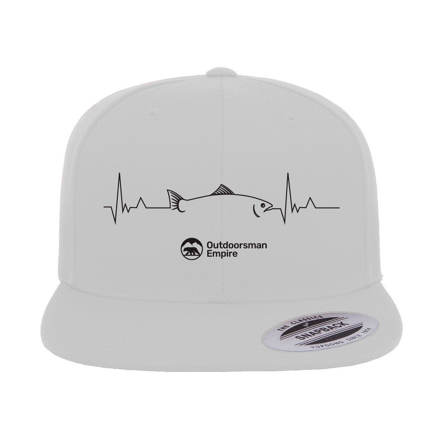 Fishing Cardiogram Embroidered Flat Bill Cap featuring a unique cardiogram design, structured five-panel style, and adjustable snapback closure.