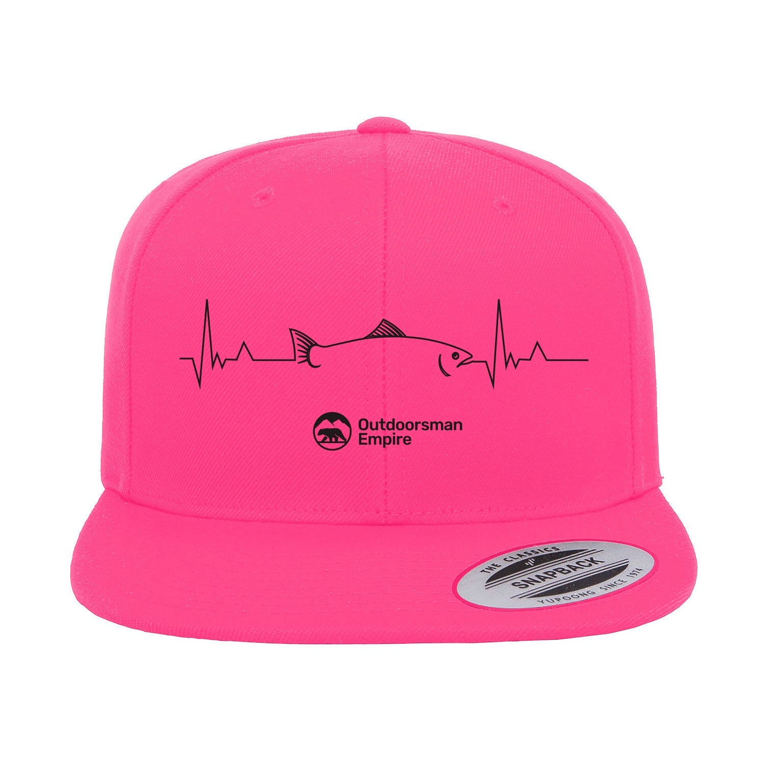 Fishing Cardiogram Embroidered Flat Bill Cap featuring a unique cardiogram design, structured five-panel style, and adjustable snapback closure.