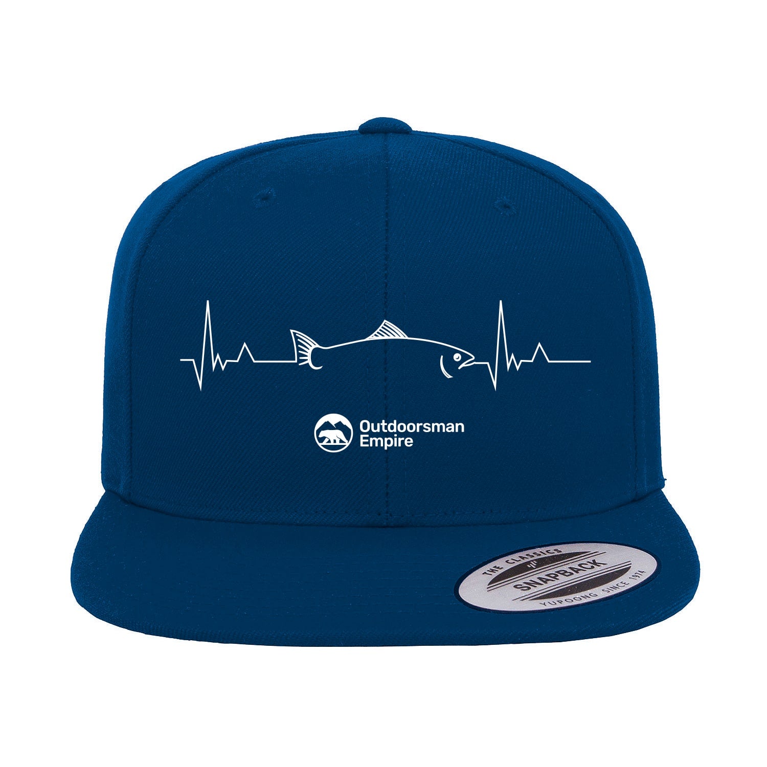 Fishing Cardiogram Embroidered Flat Bill Cap featuring a unique cardiogram design, structured five-panel style, and adjustable snapback closure.