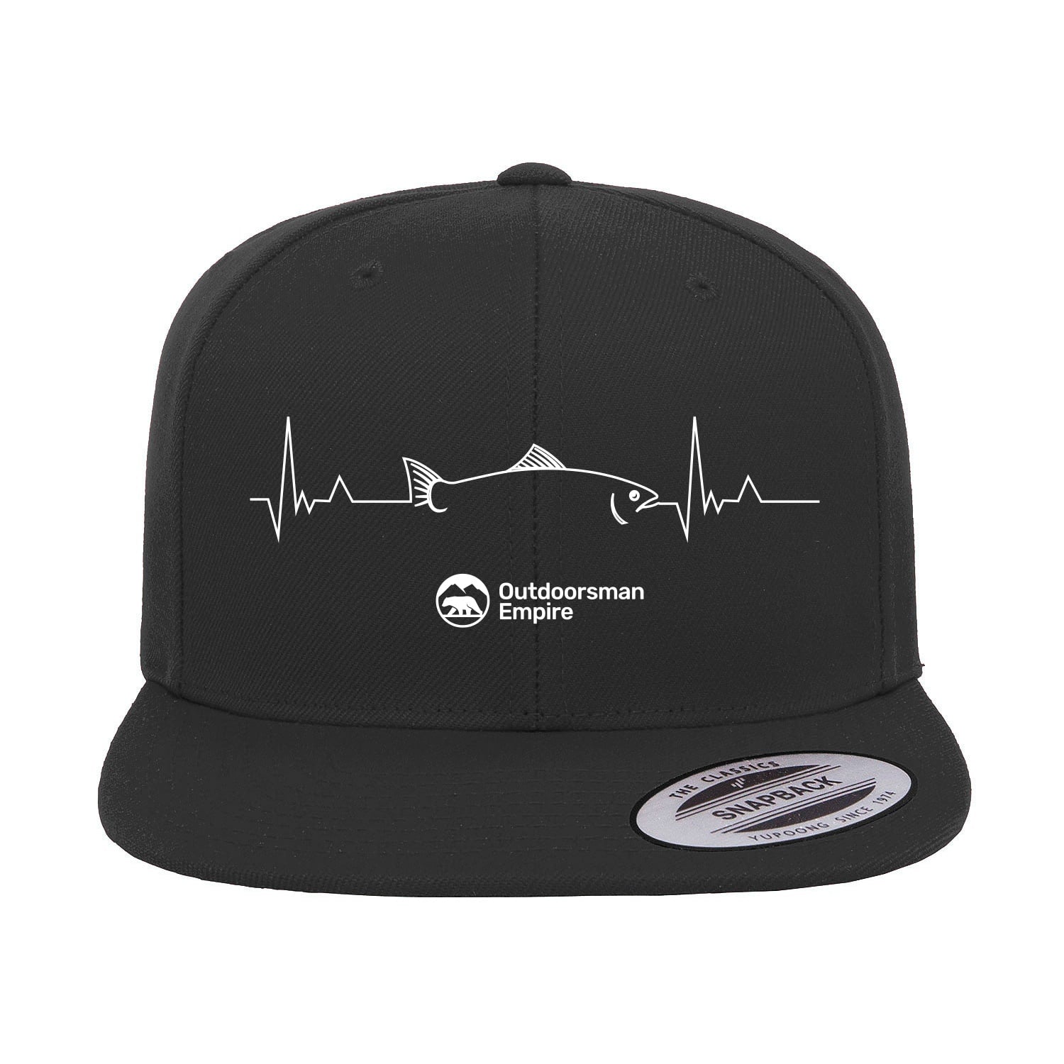 Fishing Cardiogram Embroidered Flat Bill Cap featuring a unique cardiogram design, structured five-panel style, and adjustable snapback closure.