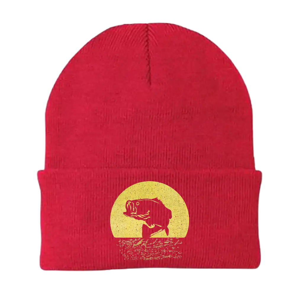 Fishing Embroidered Beanie showcasing unique fishing-themed embroidery, made from a breathable cotton blend, perfect for outdoor enthusiasts.