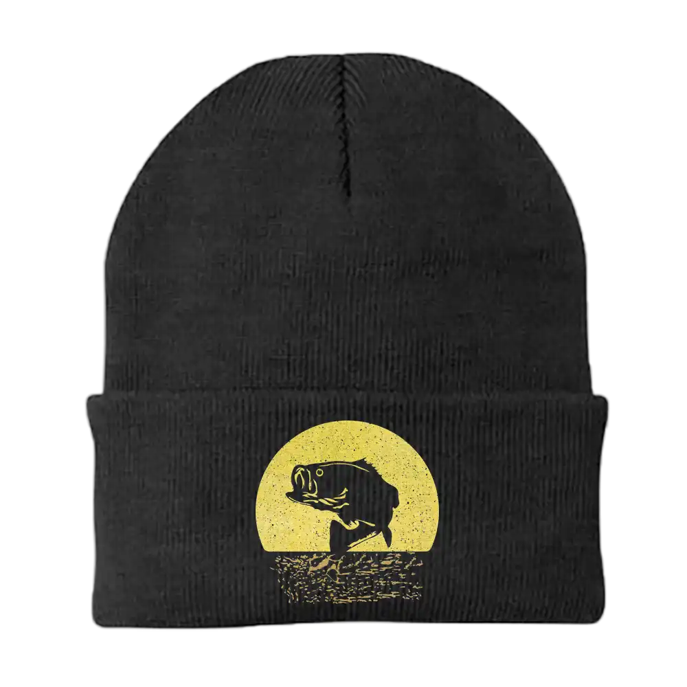 Fishing Embroidered Beanie showcasing unique fishing-themed embroidery, made from a breathable cotton blend, perfect for outdoor enthusiasts.