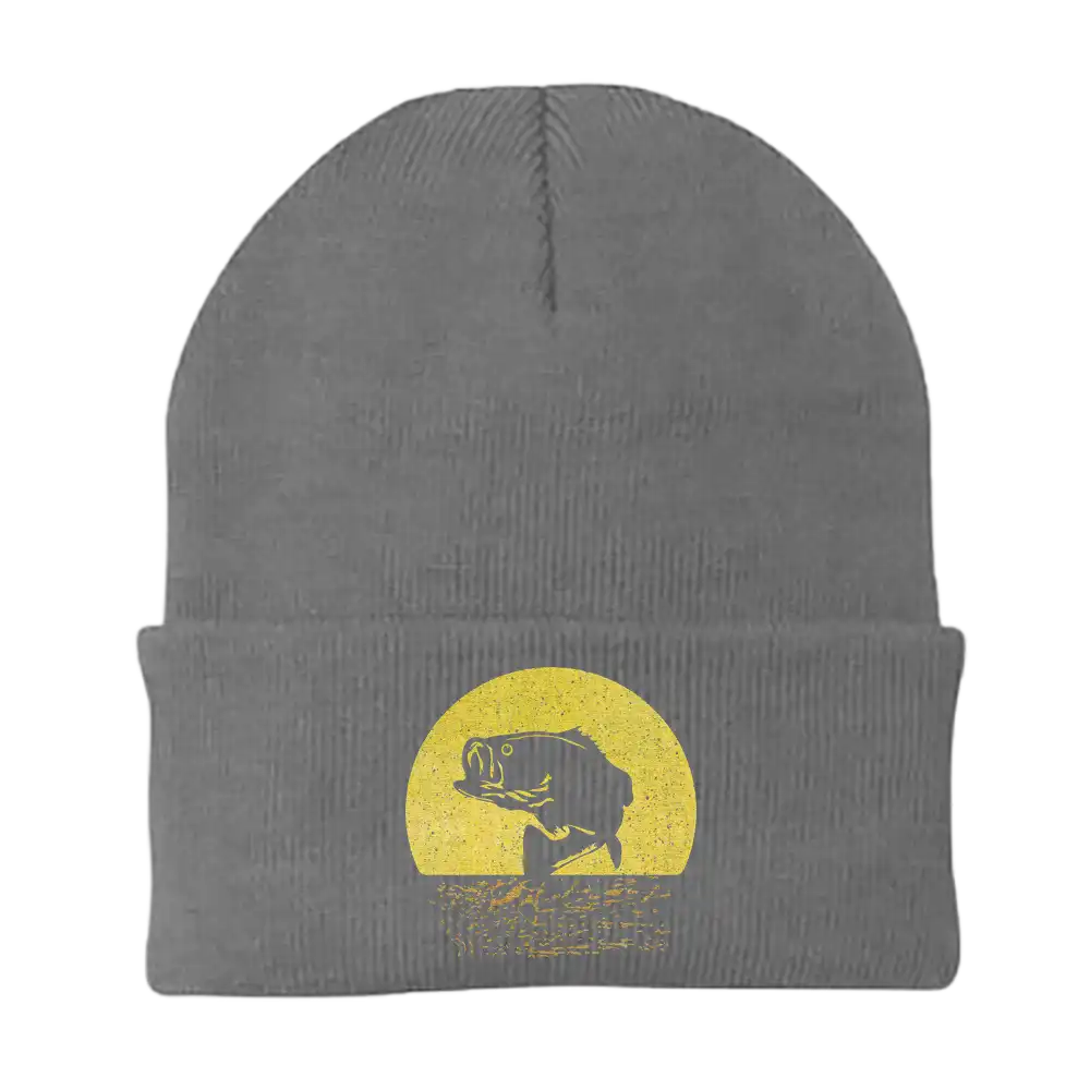 Fishing Embroidered Beanie showcasing unique fishing-themed embroidery, made from a breathable cotton blend, perfect for outdoor enthusiasts.