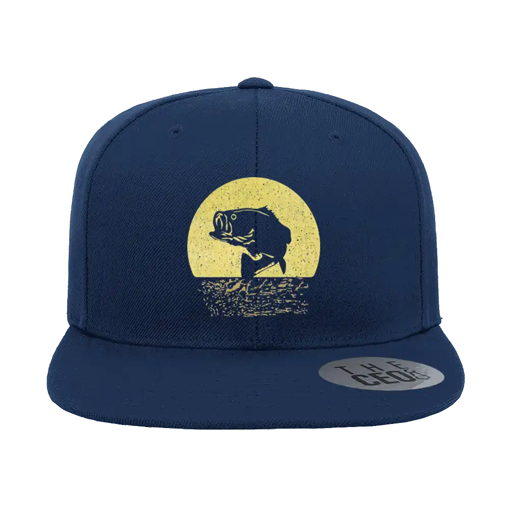 Fishing Embroidered Flat Bill Cap featuring a structured design, green under visor, and snapback closure, perfect for fishing enthusiasts.