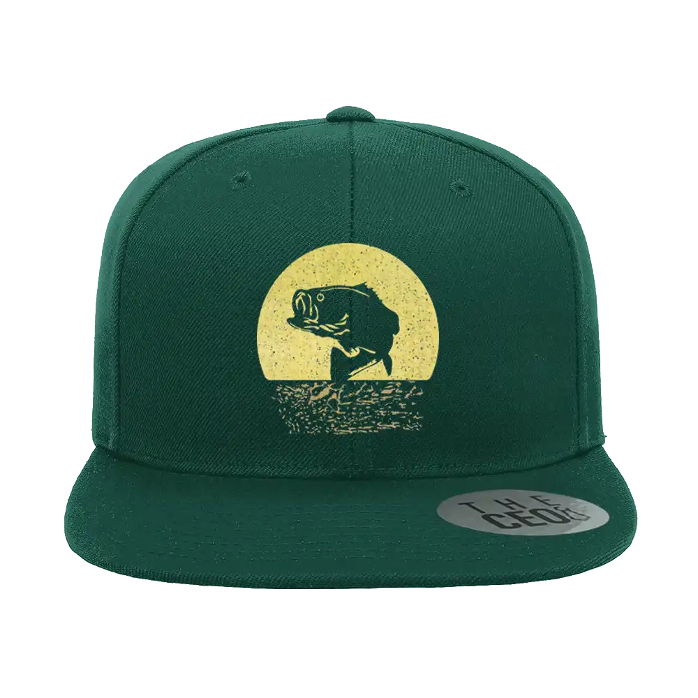 Fishing Embroidered Flat Bill Cap featuring a structured design, green under visor, and snapback closure, perfect for fishing enthusiasts.