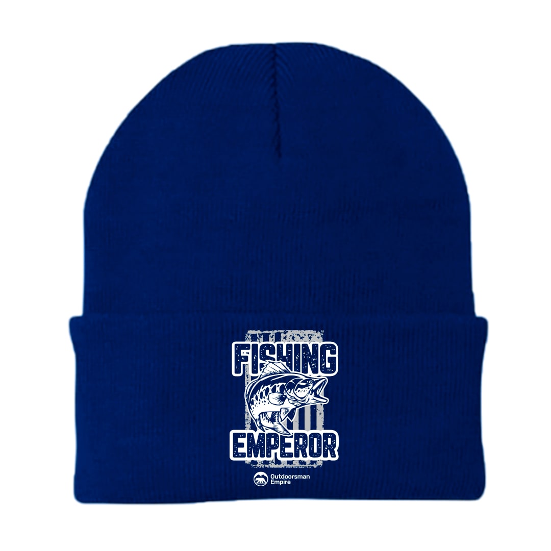 Fishing Emperor v4 Embroidered Beanie showcasing a stylish design with a comfortable fit, perfect for fishing enthusiasts.