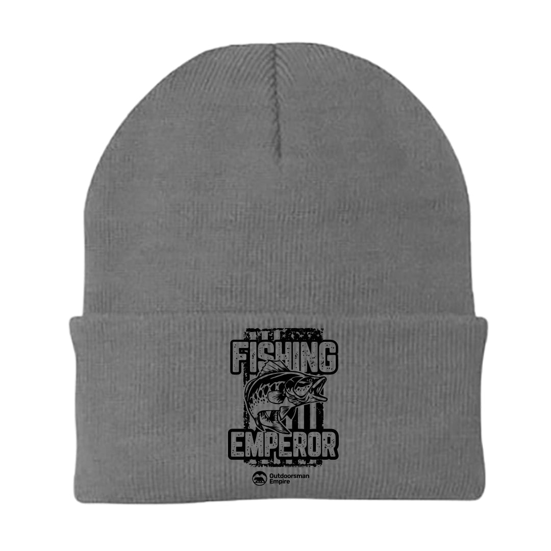 Fishing Emperor v4 Embroidered Beanie showcasing a stylish design with a comfortable fit, perfect for fishing enthusiasts.