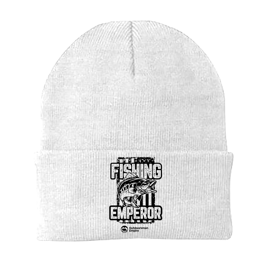 Fishing Emperor v4 Embroidered Beanie showcasing a stylish design with a comfortable fit, perfect for fishing enthusiasts.