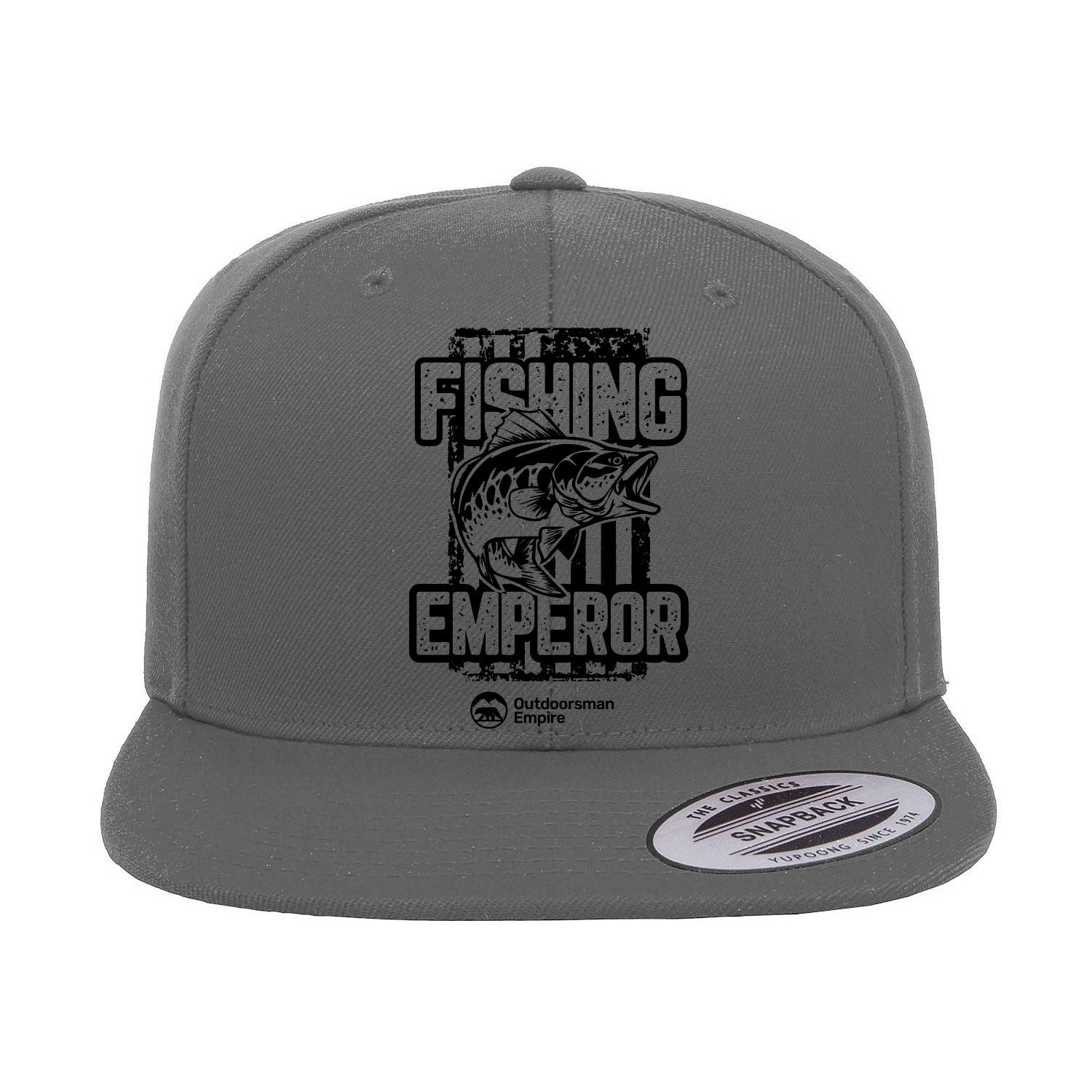 Fishing Emperor v4 Embroidered Flat Bill Cap featuring a structured design, green under visor, and snapback closure, perfect for outdoor activities.