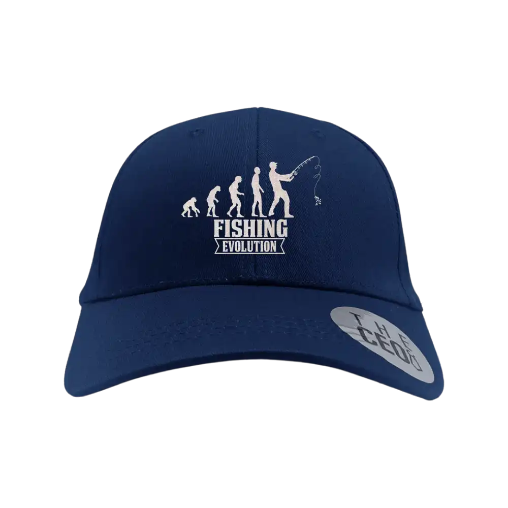 Fishing Evolution Embroidered Baseball Hat showcasing a unique fishing design with a snapback closure, made from 100% cotton.