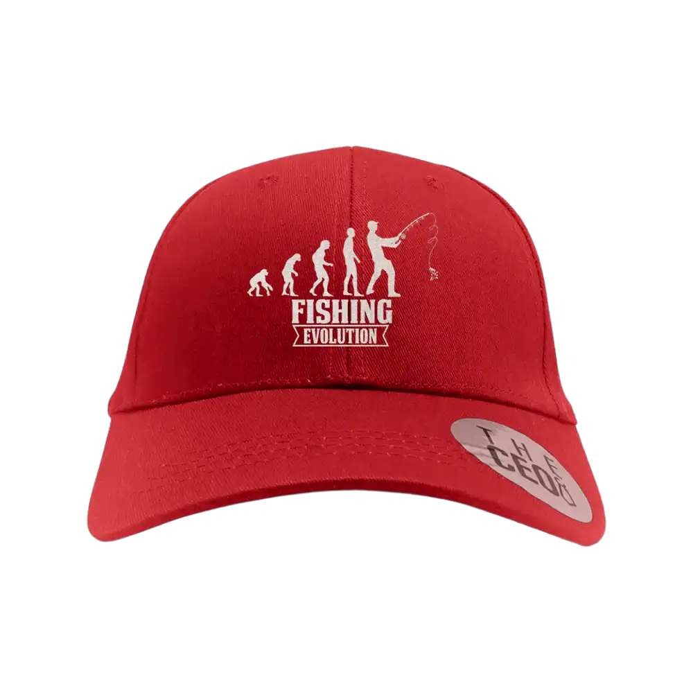 Fishing Evolution Embroidered Baseball Hat showcasing a unique fishing design with a snapback closure, made from 100% cotton.