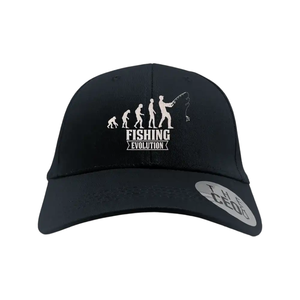 Fishing Evolution Embroidered Baseball Hat showcasing a unique fishing design with a snapback closure, made from 100% cotton.