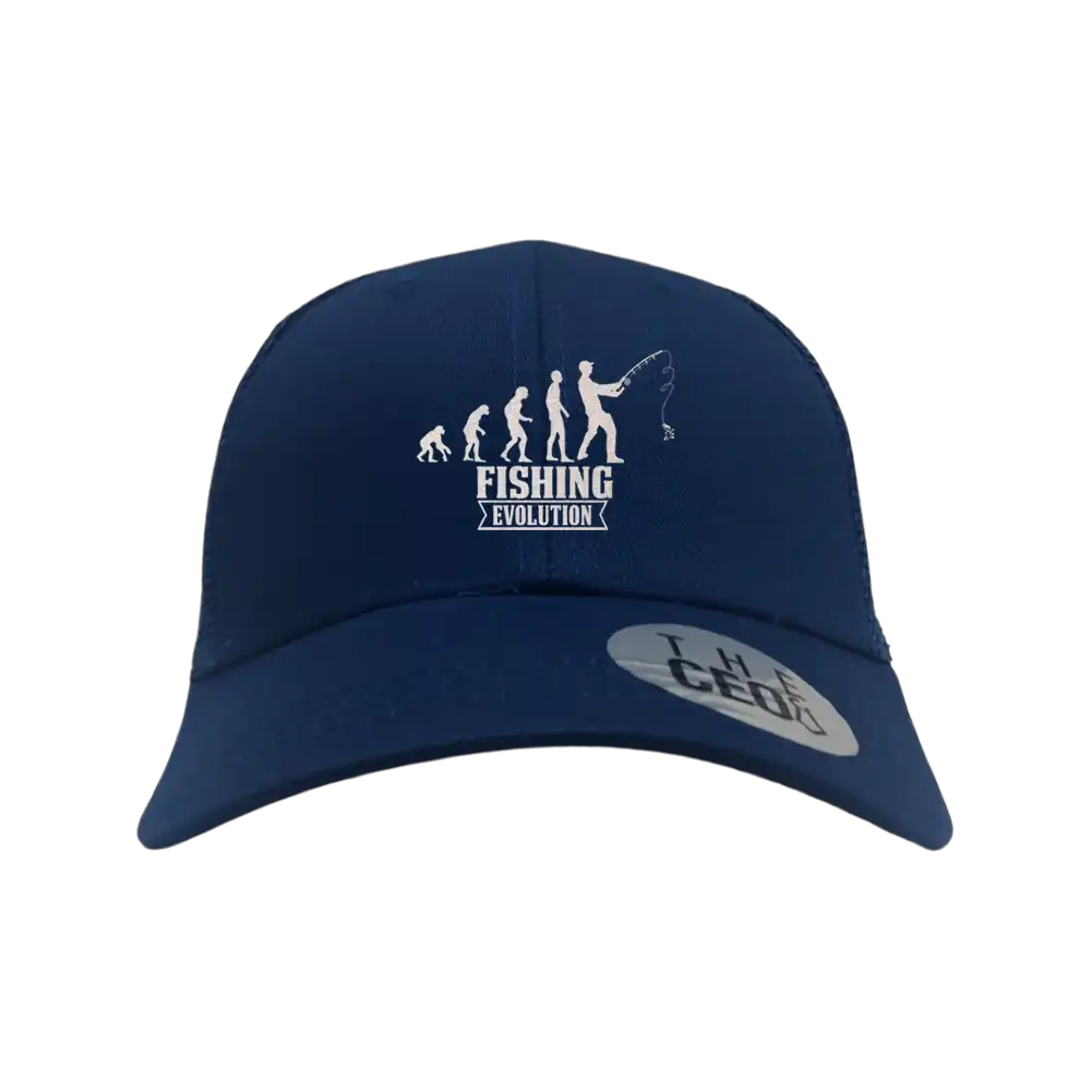 Fishing Evolution Embroidered Trucker Hat featuring a stylish design with a snapback closure, perfect for fishing enthusiasts.