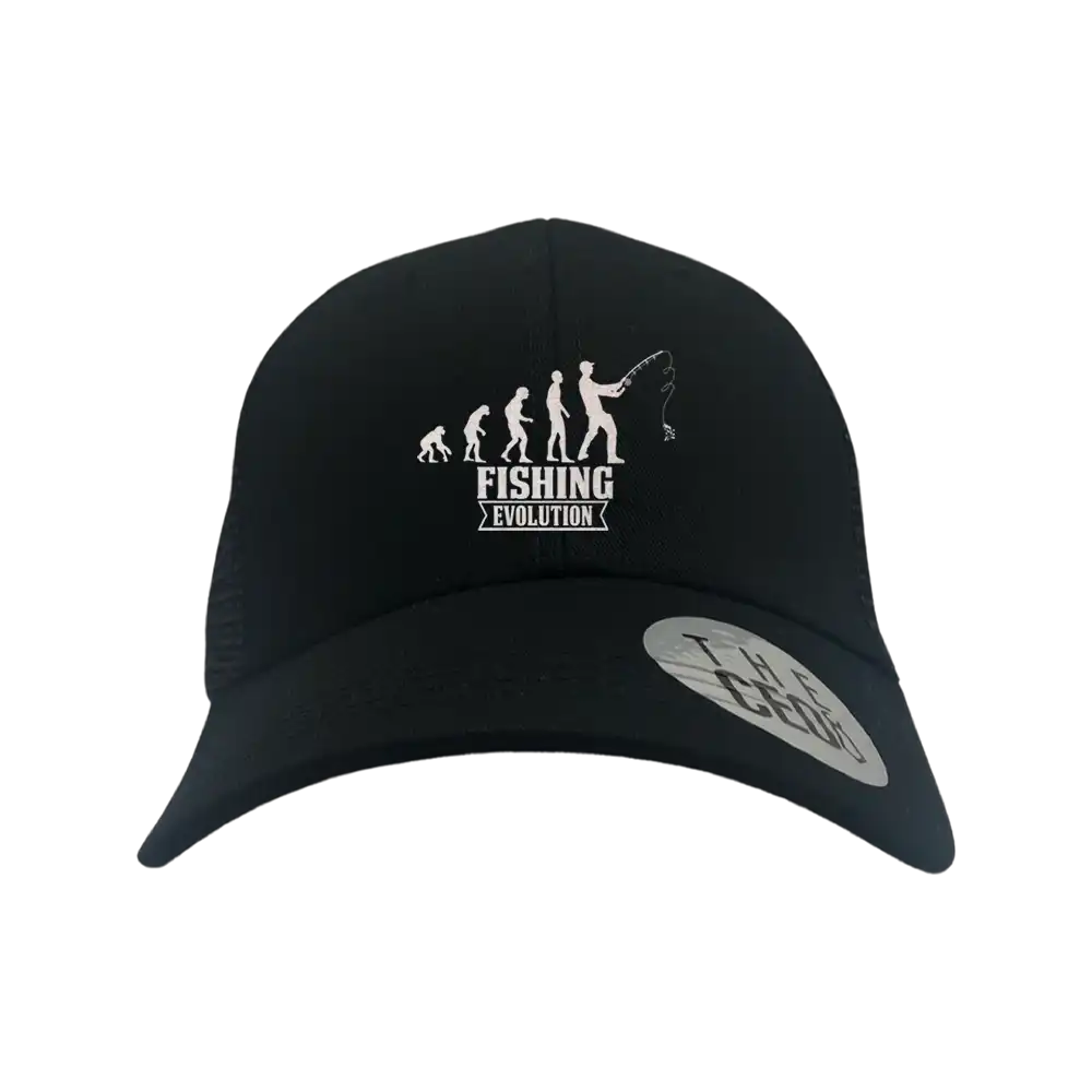 Fishing Evolution Embroidered Trucker Hat featuring a stylish design with a snapback closure, perfect for fishing enthusiasts.