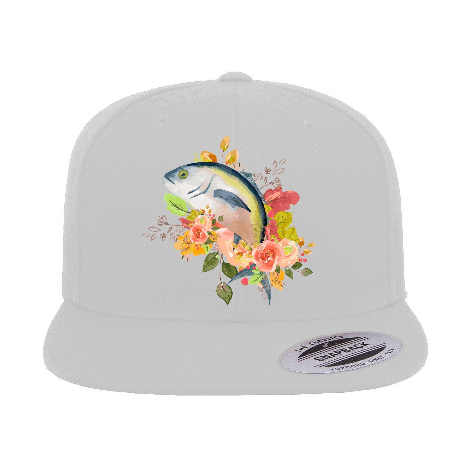 Fishing Flower Flat Bill Cap with vibrant embroidery and green undervisor, showcasing a structured high-profile design suitable for men and women.