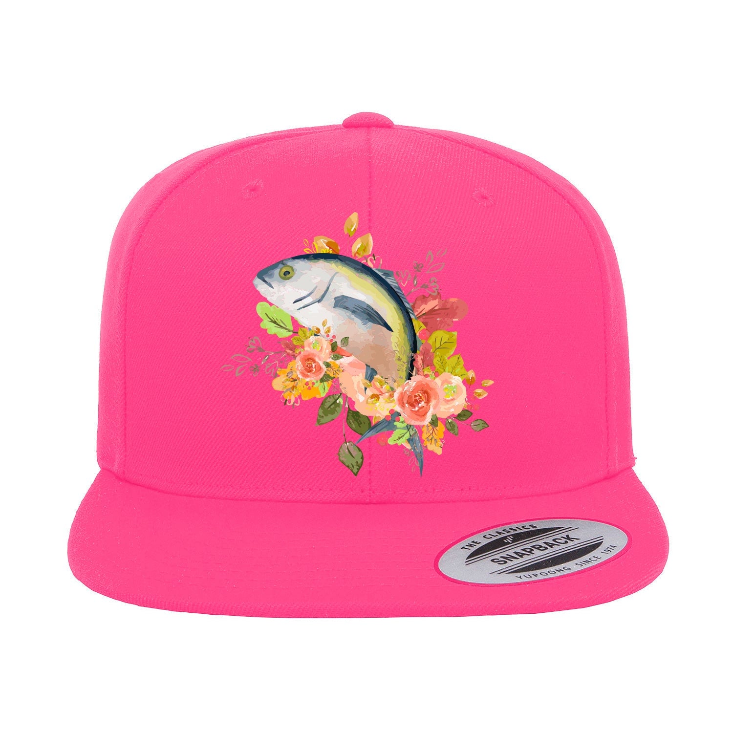 Fishing Flower Flat Bill Cap with vibrant embroidery and green undervisor, showcasing a structured high-profile design suitable for men and women.