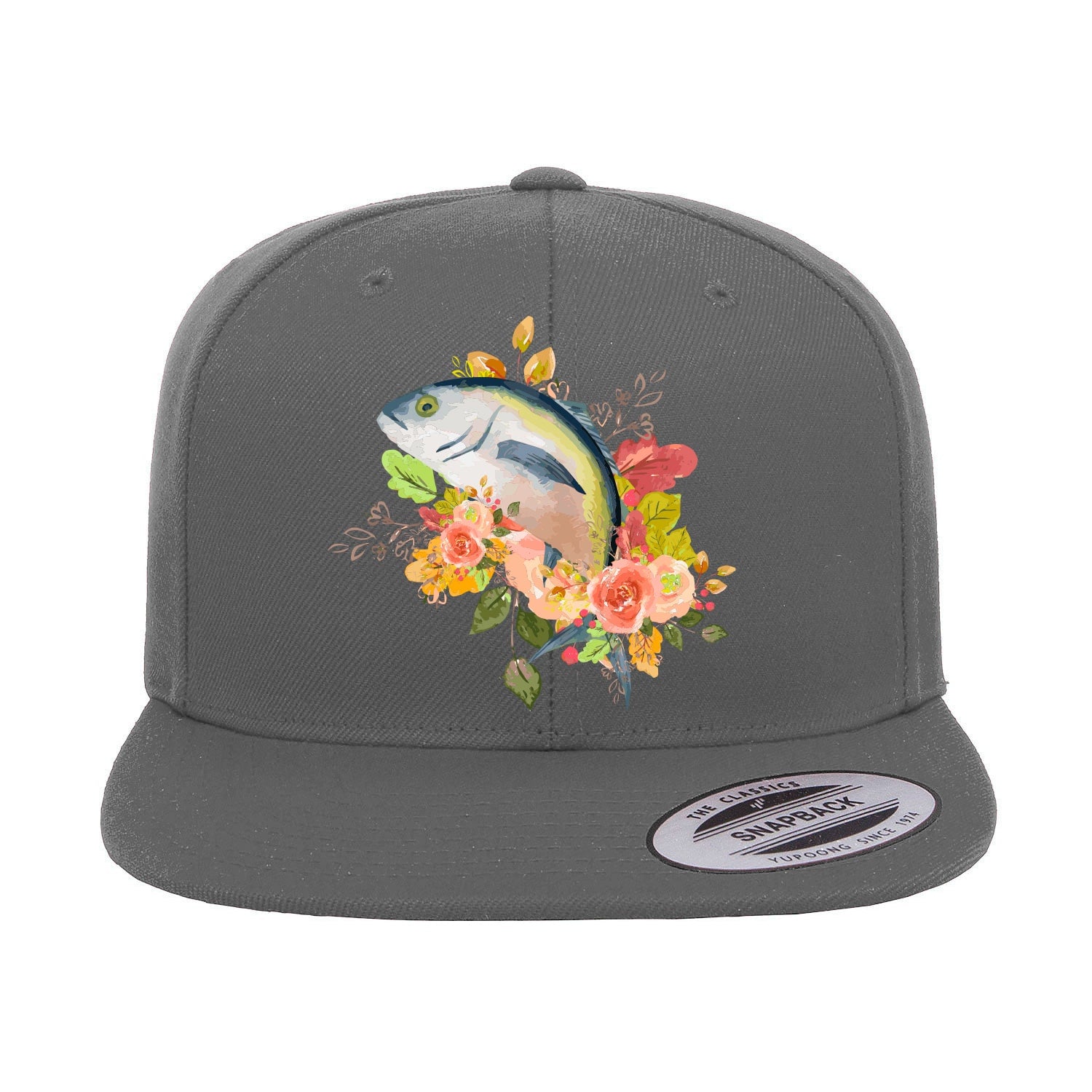 Fishing Flower Flat Bill Cap with vibrant embroidery and green undervisor, showcasing a structured high-profile design suitable for men and women.