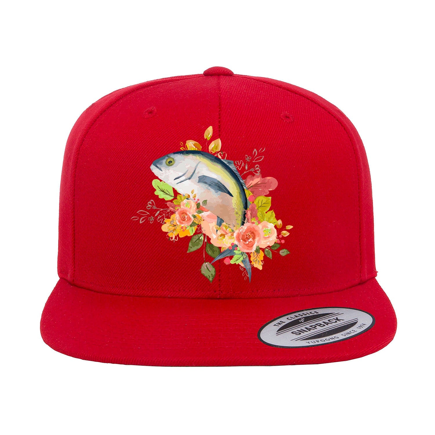 Fishing Flower Flat Bill Cap with vibrant embroidery and green undervisor, showcasing a structured high-profile design suitable for men and women.