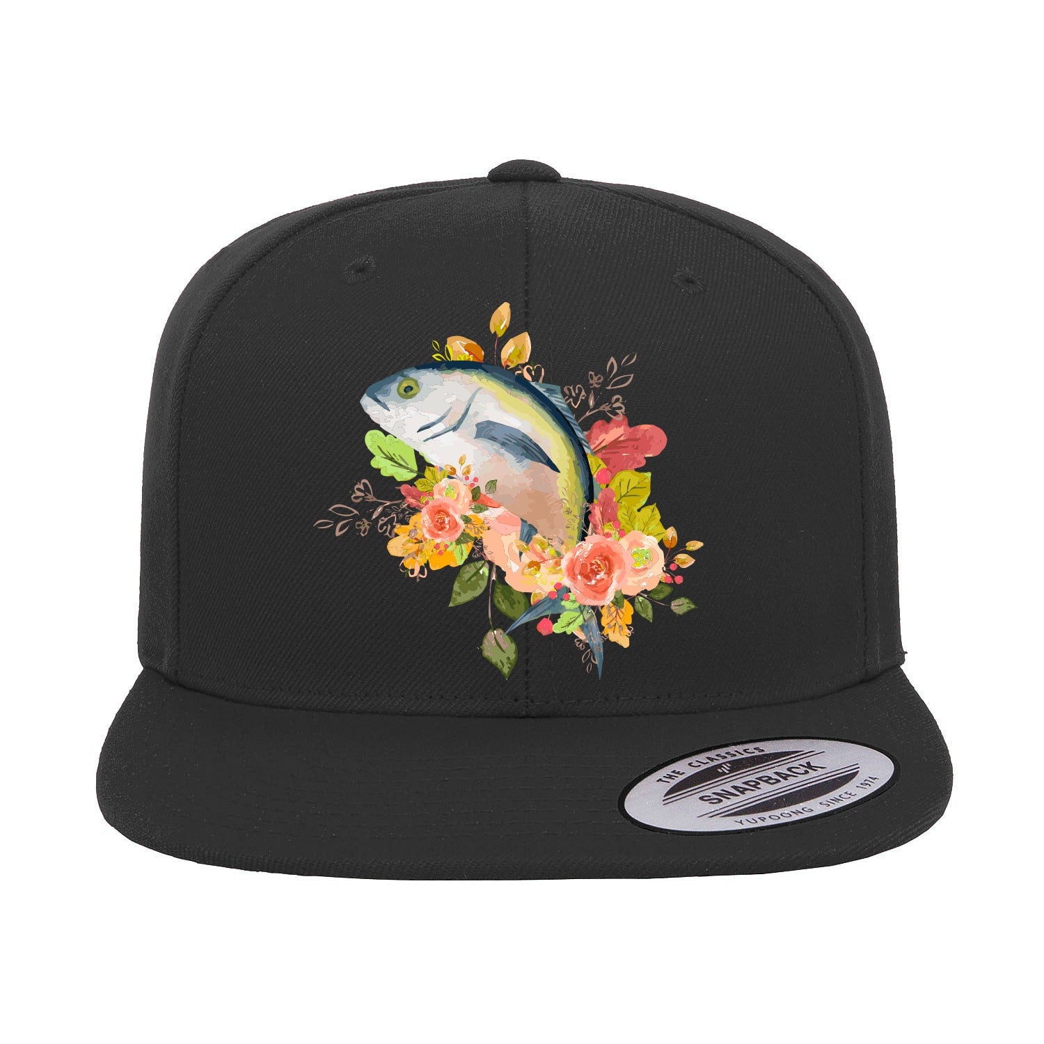 Fishing Flower Flat Bill Cap with vibrant embroidery and green undervisor, showcasing a structured high-profile design suitable for men and women.