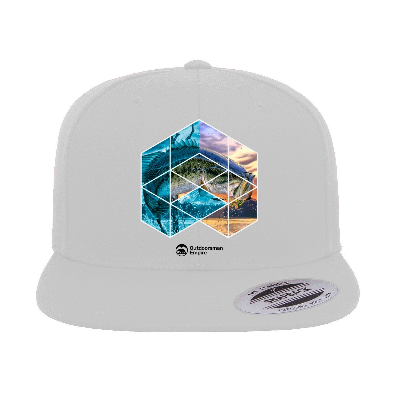 Fishing Geometry Flat Bill Cap featuring a structured design, green under visor, and adjustable snapback closure, perfect for stylish outdoor activities.