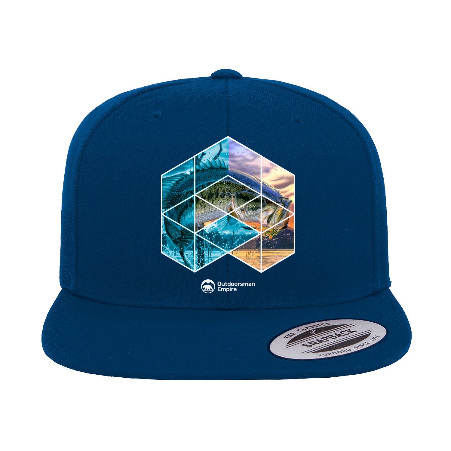 Fishing Geometry Flat Bill Cap featuring a structured design, green under visor, and adjustable snapback closure, perfect for stylish outdoor activities.