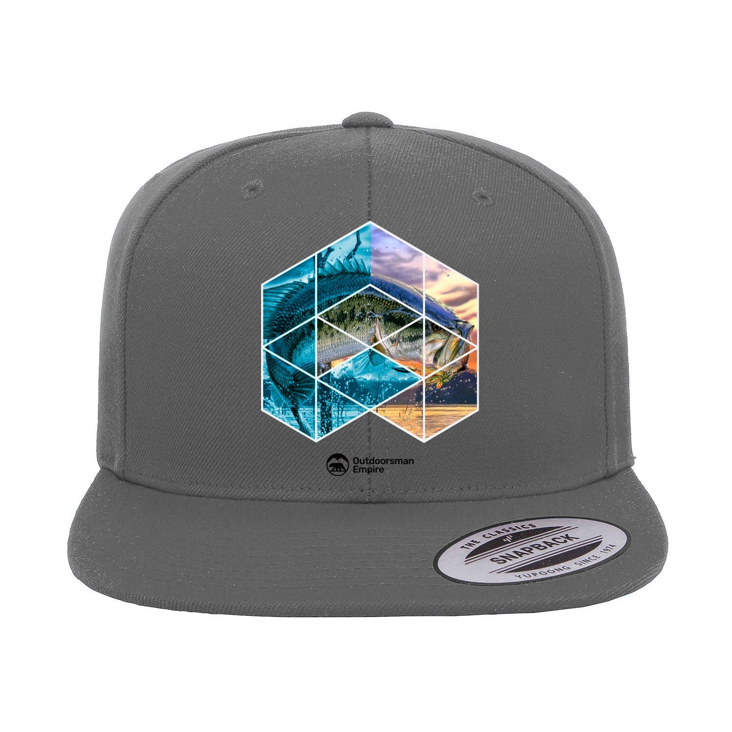 Fishing Geometry Flat Bill Cap featuring a structured design, green under visor, and adjustable snapback closure, perfect for stylish outdoor activities.