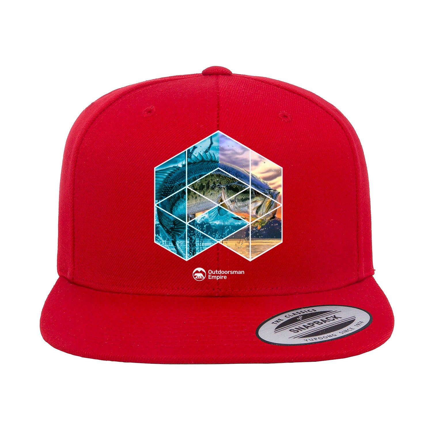 Fishing Geometry Flat Bill Cap featuring a structured design, green under visor, and adjustable snapback closure, perfect for stylish outdoor activities.