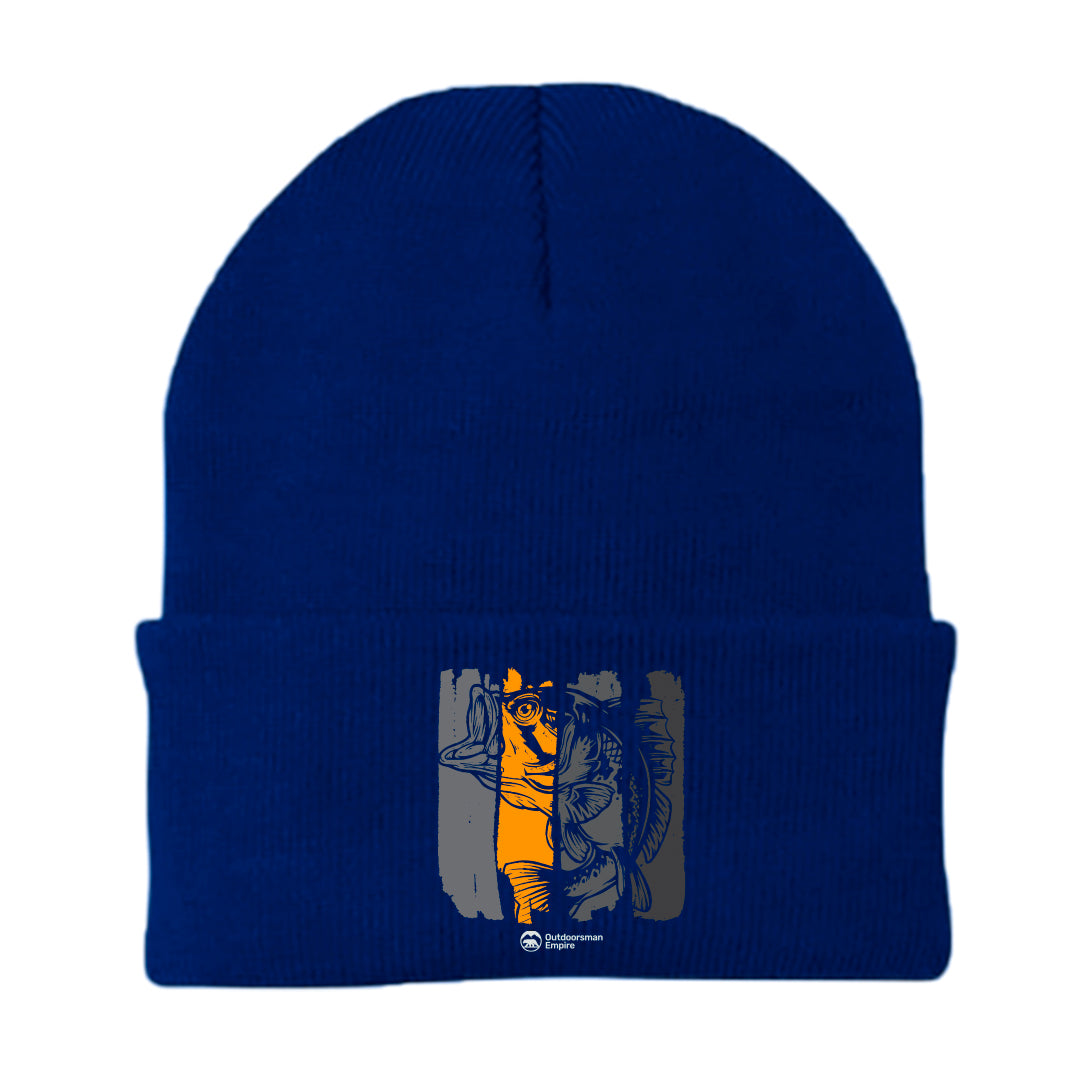 Fishing Grunge Bars Embroidered Beanie showcasing a stylish design with snug fit, perfect for outdoor activities.