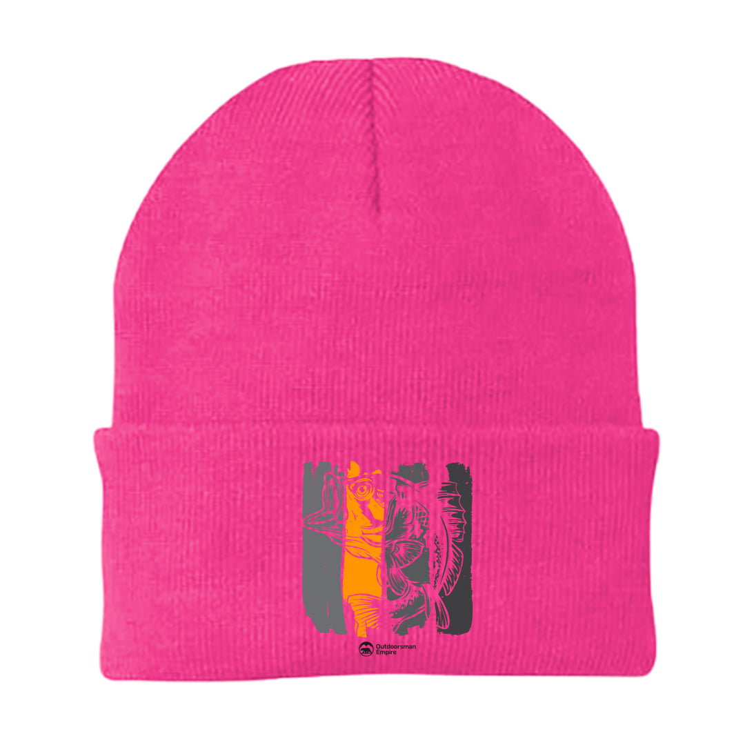 Fishing Grunge Bars Embroidered Beanie showcasing a stylish design with snug fit, perfect for outdoor activities.